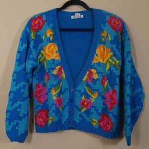 Vintage Gallagher Cardigan Electric Blue Floral Houndstooth M Cottagecore Fairy